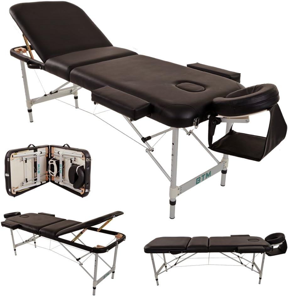 Premium Black Portable 3-Section Massage Table Bed with Aluminum Frame and Premium PU Leather - Perfect for Tattoo, Spa, and Reiki Therapy