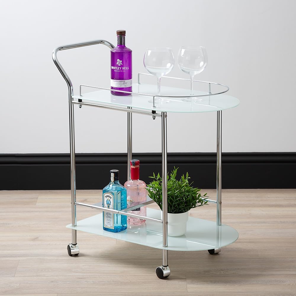 2 Tier Bar Cart with Wheels, Chrome Drinks Trolley with Metal Frame and White Glass Top, Home Serving Cart with Wine Rack for Kitchen & Living Room
