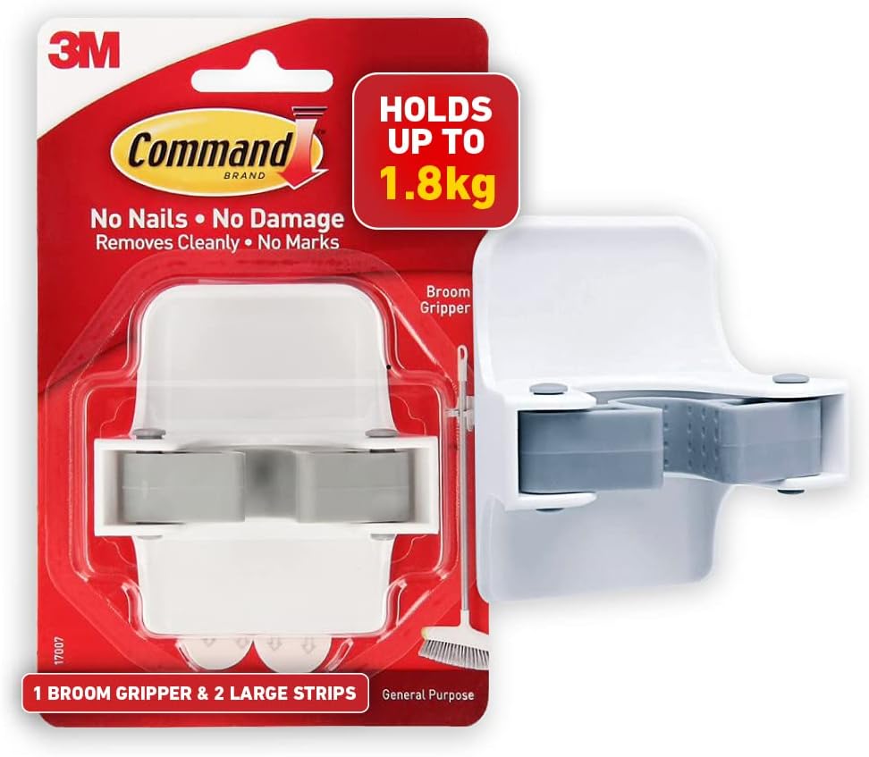 Command Broom Gripper, 1 Broom holder and 2 Adhesive Strips, Suitable for storing brooms and mops up to 1.8 kg