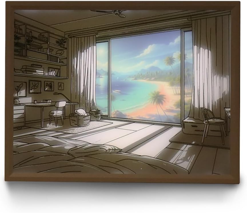 WOODMENT Liint LED Frame Mood Light with Seasonal Window Scene Acrylic Art – 3 Light Modes, USB Powered, Unique Home Decor for Bedroom Living Room Office - Summer