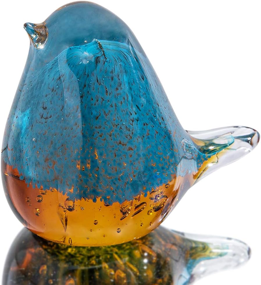 QFkris Blown Glass Bird Figurine Collectible Glass Art Craft Gift for Christmas, Birthday Home Decor Blue Yellow Paper Weight