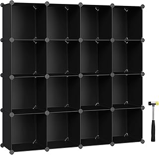 SONGMICS Cube Storage Organizer, Set of 16 Plastic Cubes, Book Shelf, Closet Organizers and Storage, Room Organization, Bedroom Living Room, 12.2 x 48.4 x 48.4 Inches, Black ULPC44BK