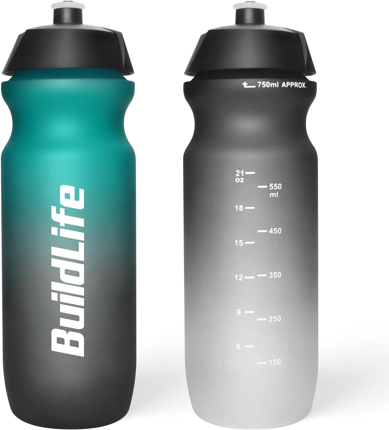 BuildLife Sport Water Bottle 2 Pack, 750ml Squeeze Bottle, BPA Free & Leak Proof Hand wash Cycling Bottles for Working Out, Fitness, Hiking, Outdoor Sports (GreenBlack+BlackWhite)