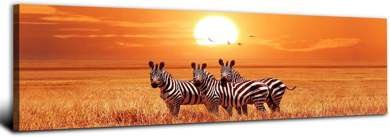 African Zebra Wall Art Wildlife Picture Wall Decor for Living Room Safari Animal Realism Photography Prints Burnt Orange Grassland Sunset Painting Canvas Modern Artwork Bedroom Office Home Decorations