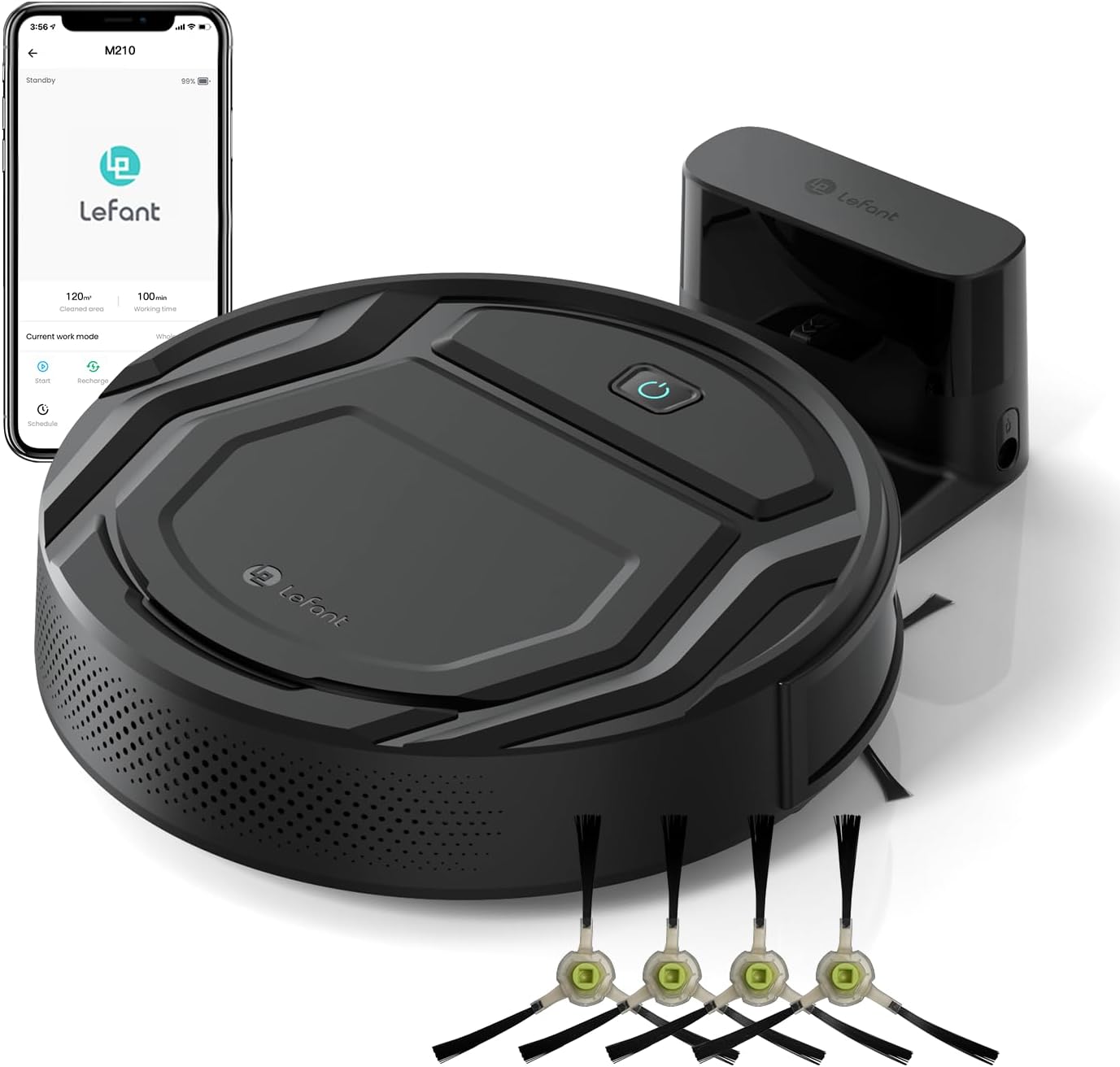 Lefant Robot Vacuum Cleaner, 120 Mins Runtime, Compact Design, Low Noise, Powerful Suction, Wi-Fi/App/Voice Control, Self-Charging, Scheduled Cleaning, Ideal for Pet Hair and Hard Floors, M210 Black