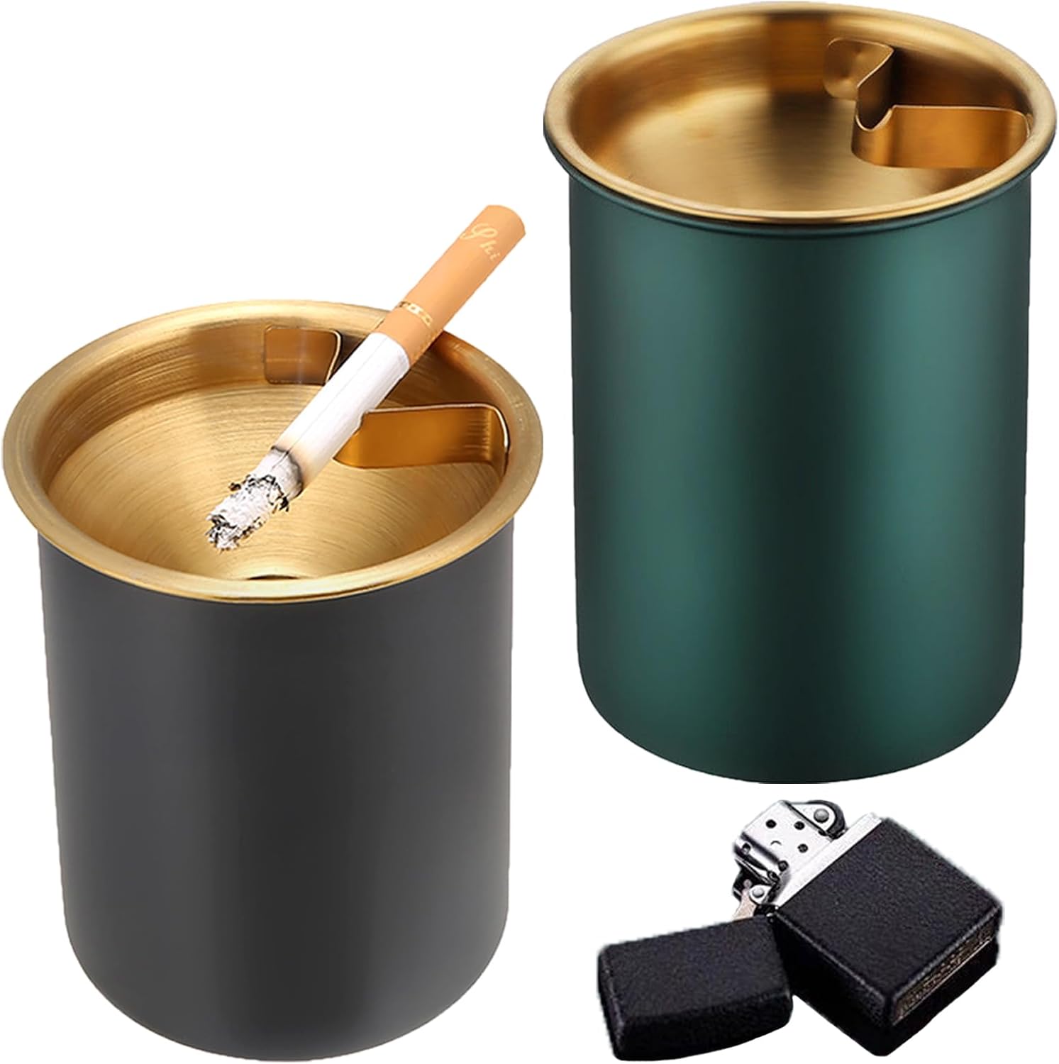 MENFENG Stainless steel Ashtray，Windproof, Cigarette Ashtray for Indoor or Outdoor Use，Outdoor ashtrays for patio，Ash Holder for Smokers,Desktop Smoking Ash Tray for Home Office Decoration (Black)