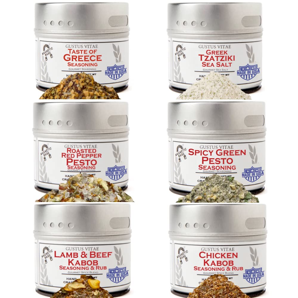 Greek Seasoning Gift Set | Tastes of Greece | Artisanal Spice Blends Six Pack | Non GMO, All Natural | No MSG, Gluten, Soy, Nuts | Small Batch, Hand Made Seasonings | No Artificial Ingredients, Ultra Premium | Made in USA | GLP-1 Friendly | Magnetic Tins | Gustus Vitae | #499