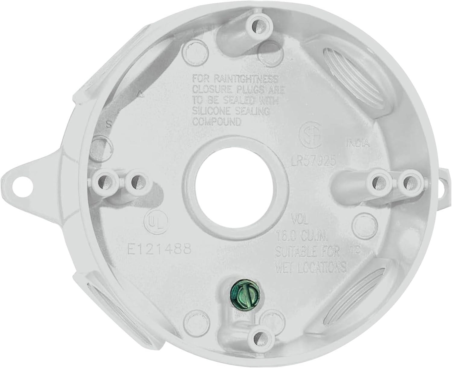 143854 Round Metal Electrical Outlet Box, Weatherproof, Easy Mount, White, (5) 1/2-Inch Holes
