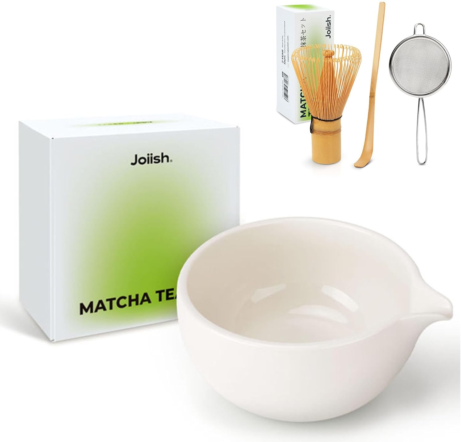 Matcha Bowl with Spout & Bamboo Matcha Whisk Sifter Set, Basic Matcha Tea Kit 4 PCS