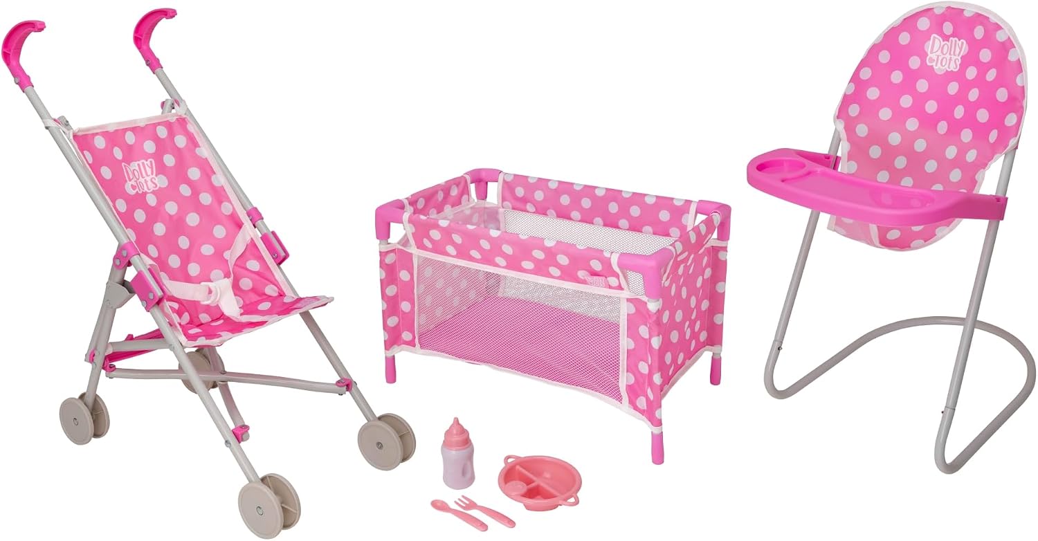 HTI Nursey Playset Age 3+ | 7 Piece Nursery Playset Doll Highchair, Crib, Doll Car Seat & Reusable Cutlery Set | Prams, Pushchairs and Dolls Accessories for Boys & Girls +