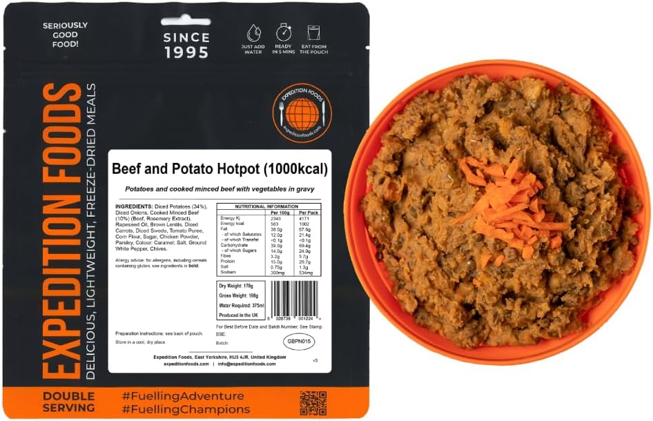 EXPEDITION FOODS expeditionfoods.com Beef and Potato Hotpot | Freeze-Dried Camping & Hiking Food | Double Serving | 1000kcal Meal