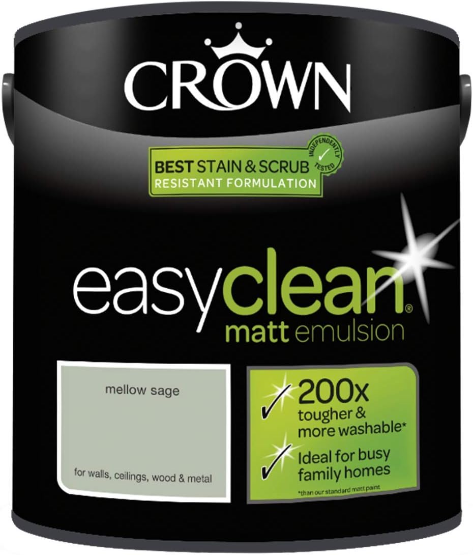 2.5L CROWN Easy Clean MATT Emulsion Multi Surface Paint That can be Used on Walls, Ceilings, Wood and Metal. Stain & Scrub Resistant Formula – Mellow Sage