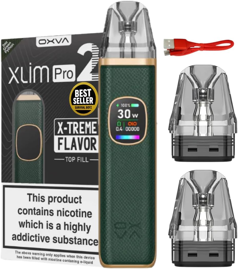Oxva Xlim Pro 2 Pod Kit [Green Python] - Available in 24 colours, 2A Fast Charge, 1300mAh Battery, 0.56" Ultra-HD Color Screen - No Nicotine