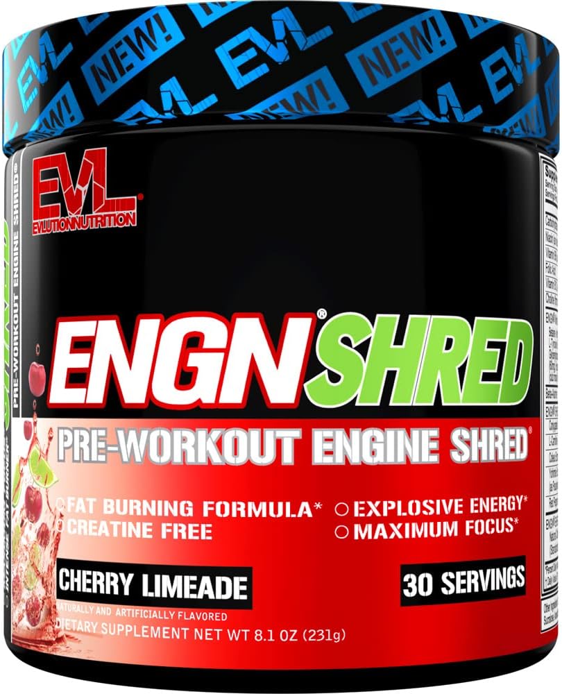 EVL Ultimate Pre Workout Powder - Thermogenic Fat Burner Preworkout Powder Drink for Lasting Energy Focus and Stamina - ENGN Shred Intense Fat Burning Creatine Free Preworkout Drink - Cherry Limeade