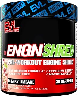 EVL Ultimate Pre Workout Powder - Thermogenic Fat Burner Preworkout Powder Drink for Lasting Energy Focus and Stamina - ENGN Shred Intense Fat Burning Creatine Free Preworkout Drink - Cherry Limeade