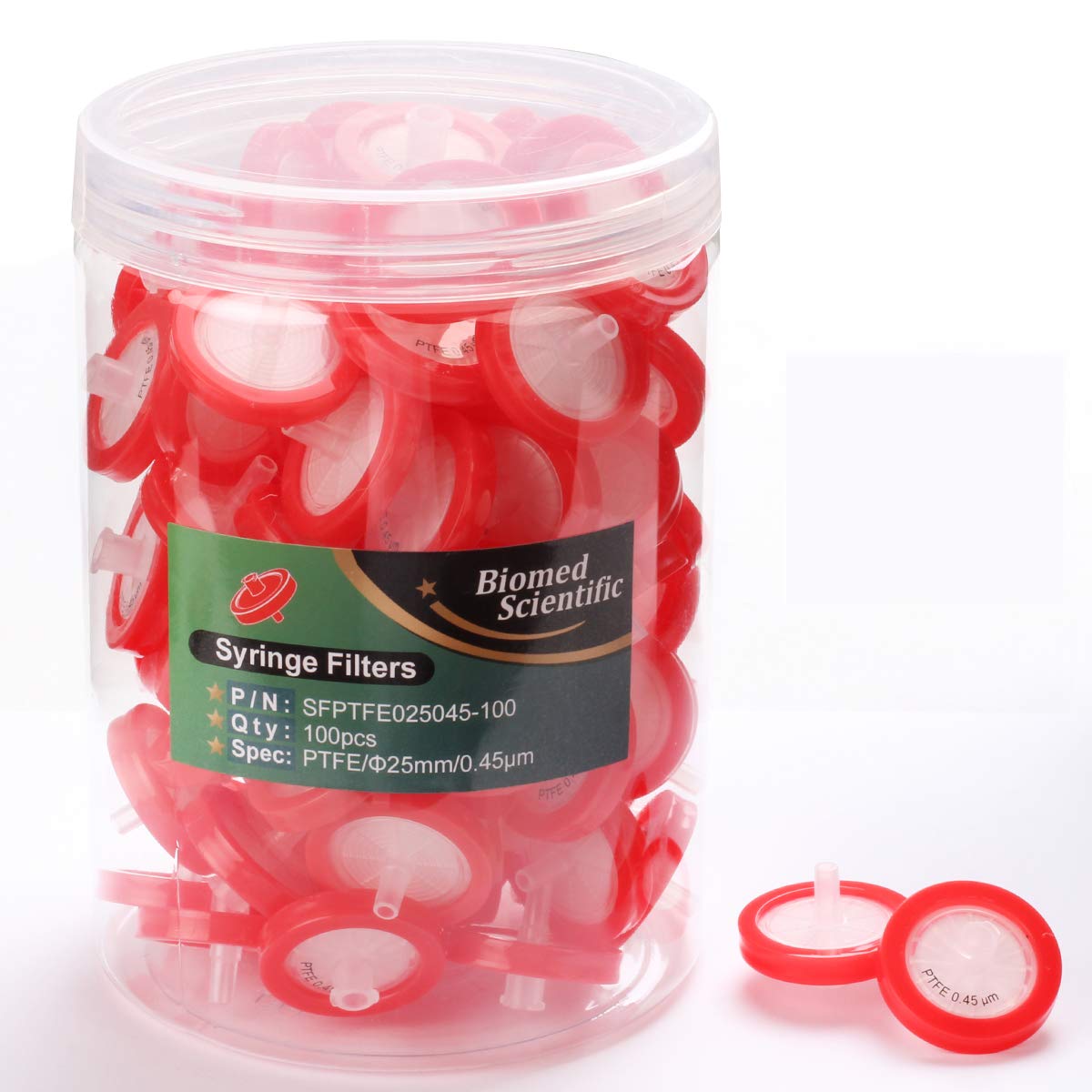 Biomed Scientific Syringe Filter PTFE Membrane 25mm Diameter 0.45um Pore Size Non Sterile Pack of 100