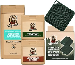 Dr. Squatch NEW Natural Body Wash for Men - Non-Exfoliating - Coconut Castaway (14 oz) + Wood Barrel Bourbon + Pine Tar (8 oz, 2 Pack) + Body Scrubber