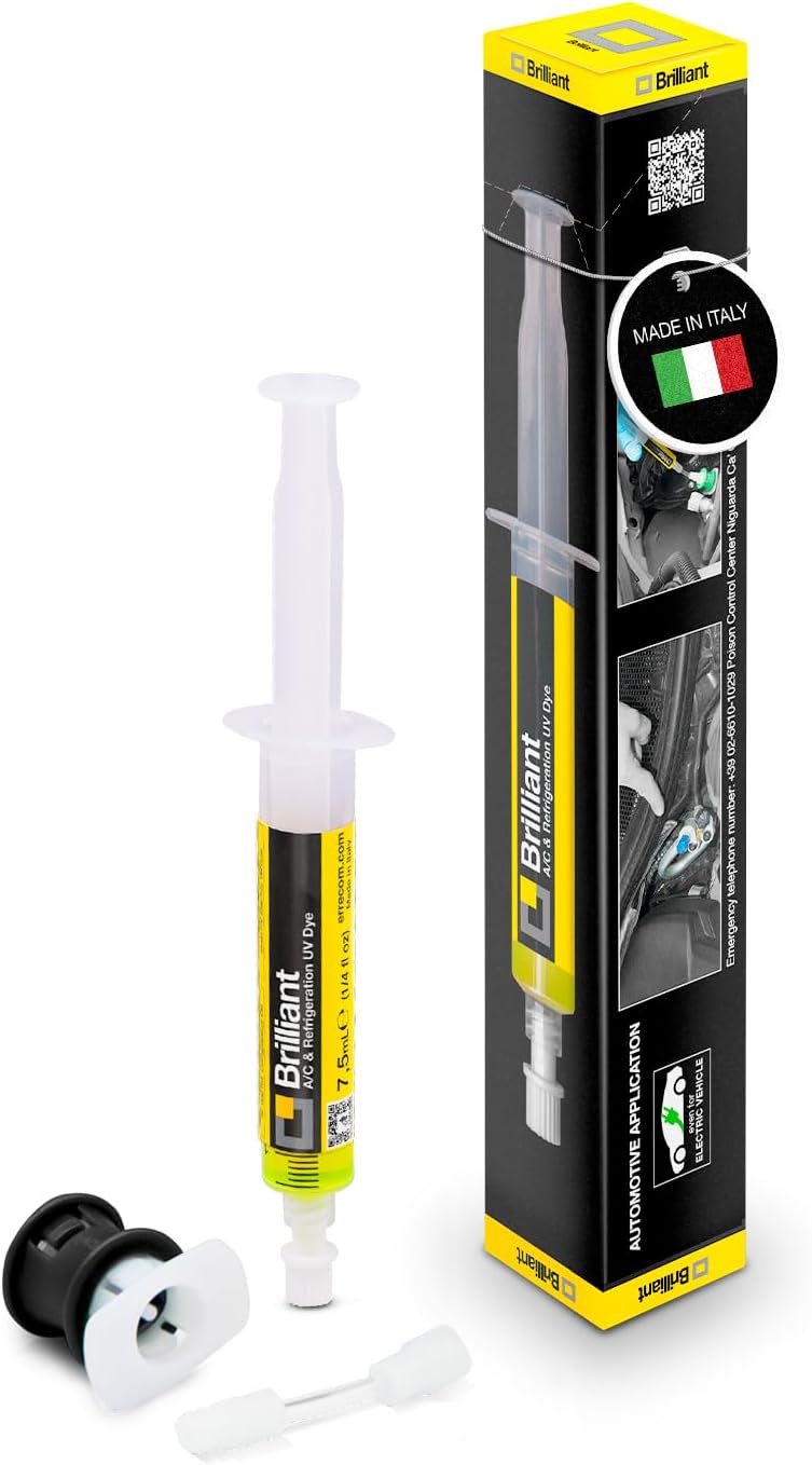 ERRECOM Brilliant - 7.5 ml, Fluorescent UV Dye for Detecting Refrigerant Gas Leaks in Vehicle A/C Systems, Includes R134a Adapter