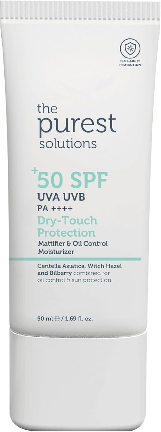 The Purest Solutions Dry-Touch Protection (Mattifier & Oil Control Moisturizer SPF 50+) - Combined with Witch Hazel & Bilberry - Oily Skin Type - Vegan | Cruelty Free | Eco Friendly (50 ml)