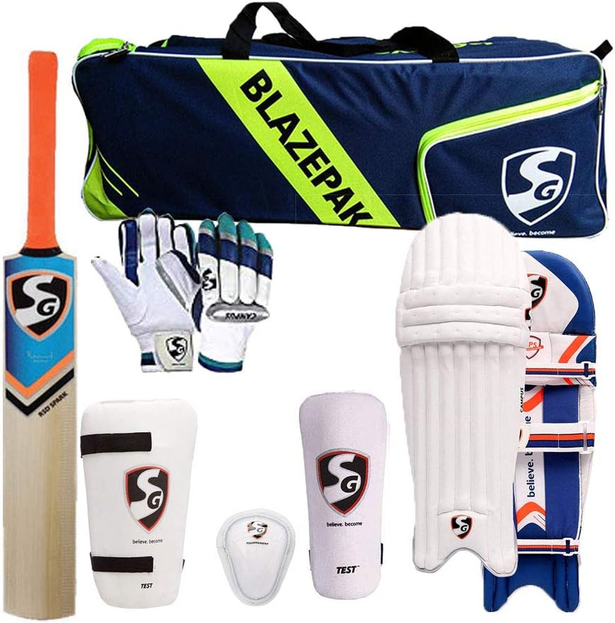 SG Cricket Kit Full Set for Adults with Ezeepak Bag with Fast Delivery RSD Spark Kashmir Willow Bats+Batting Leg Guard Pads+Batting Gloves+Abdominal Guard+Thigh pad Guard+kit Bag