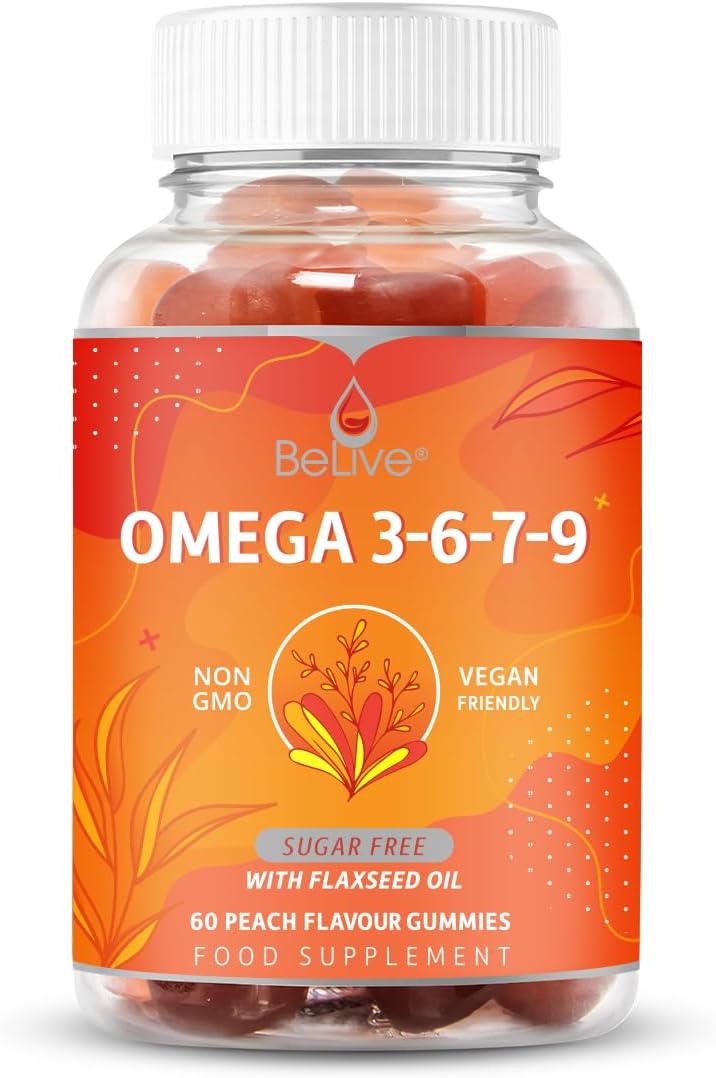 BeLive Omega 3 Gummies with Omegas 6, 7, 9, DHA & EPA from Flaxseed Oil and Sea Buckthorn Fruit Oil - Sugar-Free, Supports Brain, Heart, Eye & Immune System, Supplements for Kids & Adults (60 CT) (1)