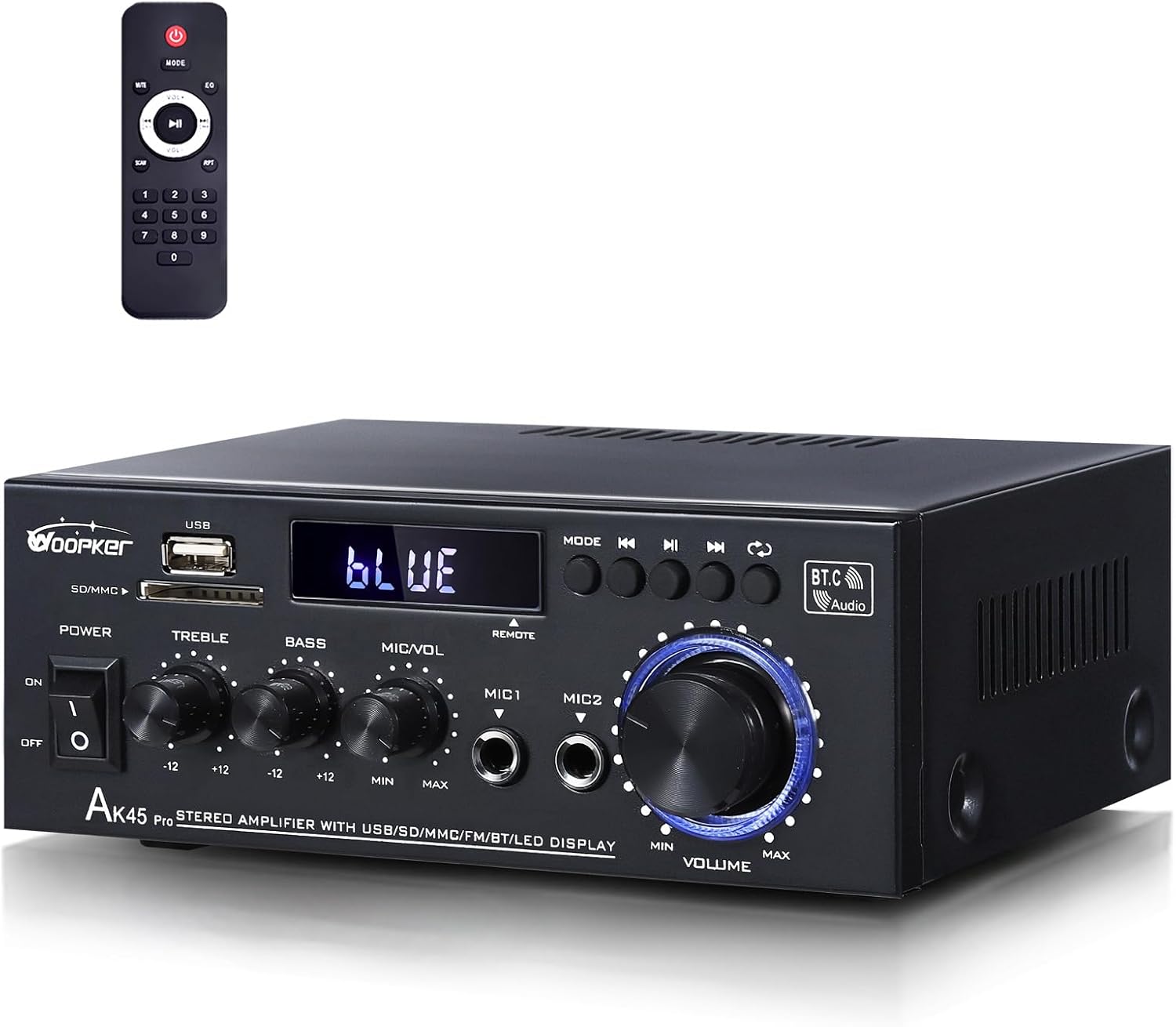 AK45Pro Stereo Receivers Amplifier Home Audio with Bluetooth 5.3, 400W,2.0 Channel Power Stereo Amplifier with USB,SD,RCA,FM,2MIC in for Home Theater Speakers,Home Amplifier with Remote Control