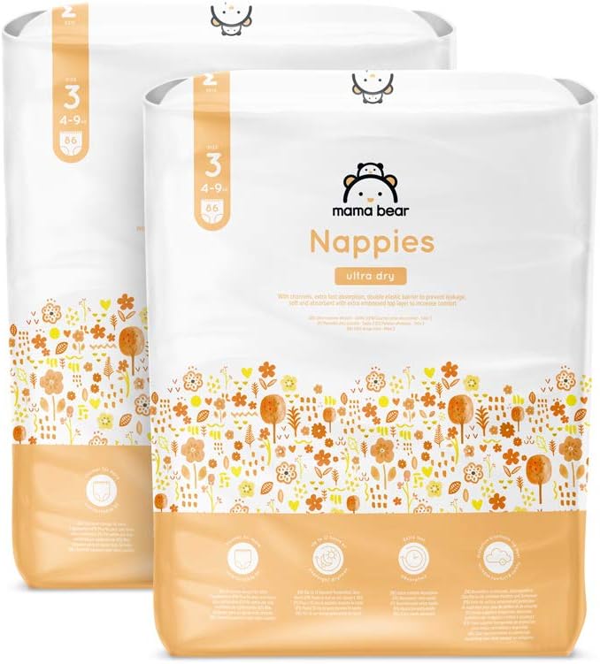 Amazon Brand - Mama Bear Ultra Dry Nappies, Size 3 (4-9 kg), 172 Count (2 Packs of 86), White, Monthly Pack
