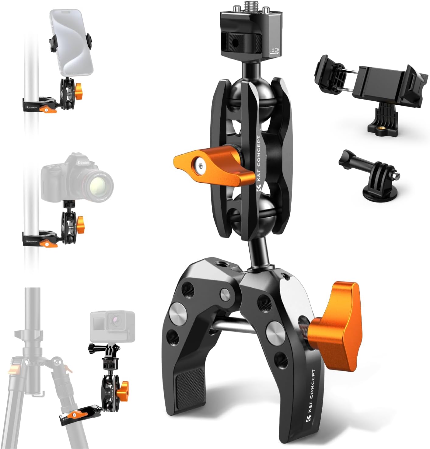 K&F Concept Camera Clamp Mount, Super Clamp Mount Magic Arm with Two 360° Ball Heads, 1/4" Screw Threads for ARRI Compatible with DSLR, Action Camera, Tripod, Phone for Gopro/Insta360