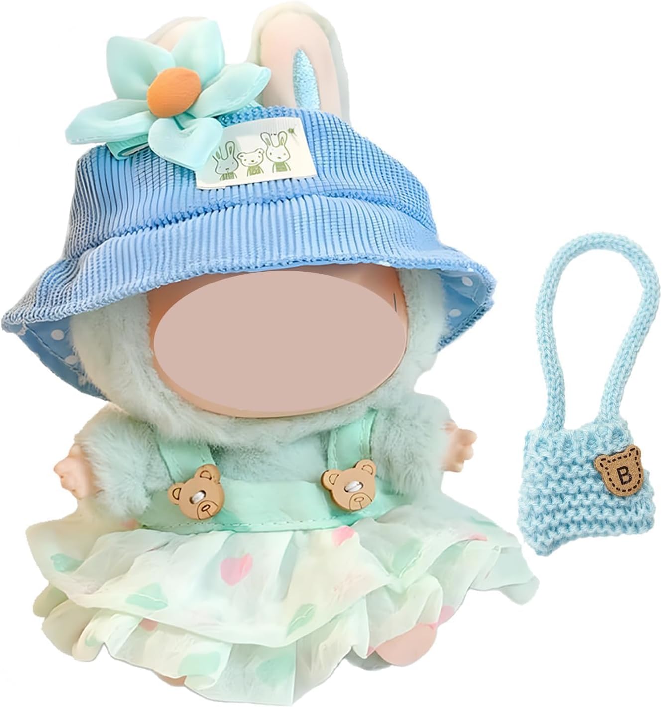4Pcs Set Doll Skirt for Labubu, Soft Fabric Dress Outfit with Adjustable Waist, Princess Style Costume Accessory for Kids & Collectors (Green Heart Dress + Flower Hair Accessory + Blue Hat)