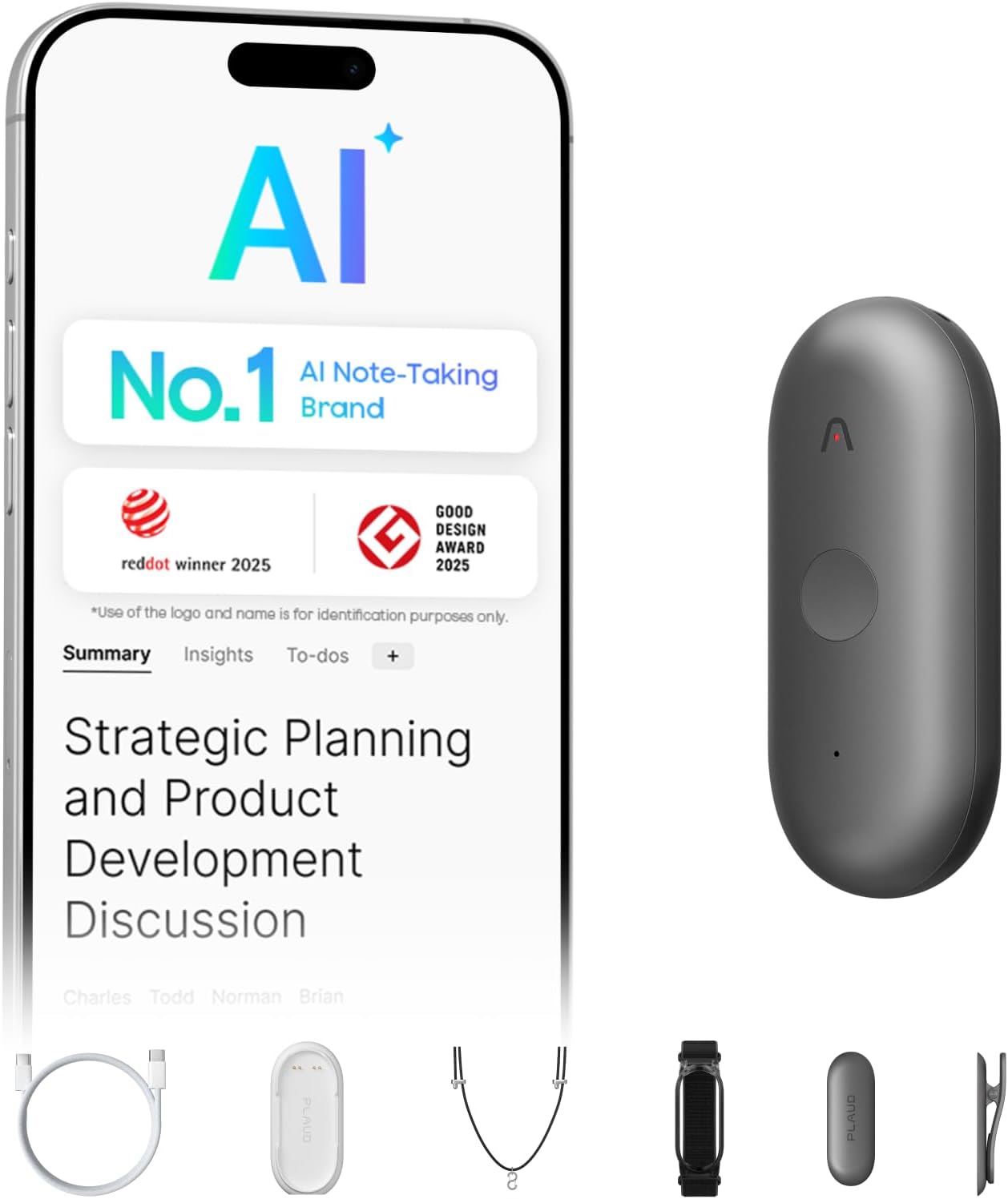 Plaud NotePin S AI Voice Recorder Tactile Record Button AI Transcription Summarization Digital Audio AI Note Taker for On the Go Meetings Interviews with 4 Accessories