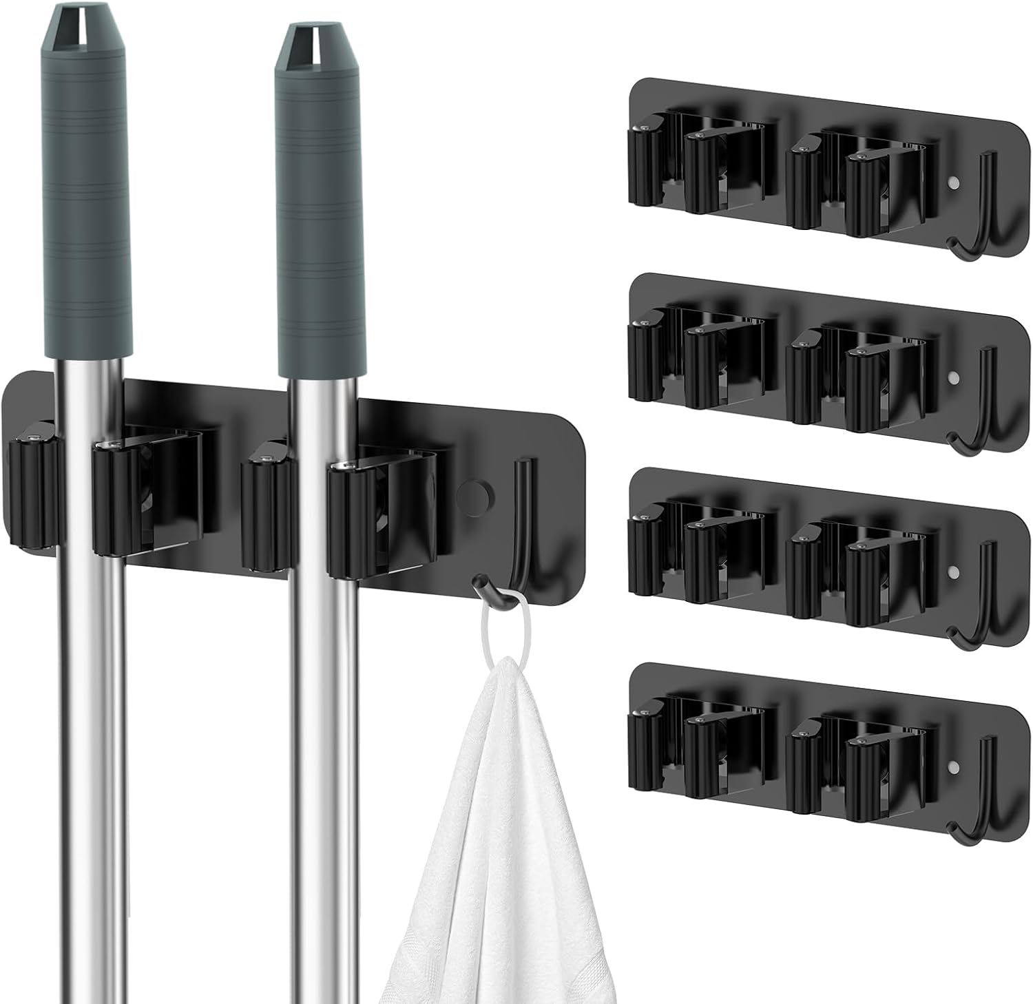 Wall Mount Mop and Broom Holder, Heavy Duty Stainless Steel Organizer Rack with Hooks | 2-Pack, 2-in-1 No Drill & Screw Installation, Black