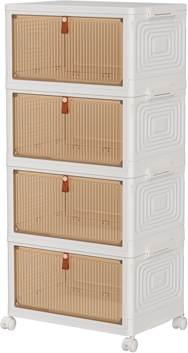 TidyTrove Storage Boxes with Lid, 4-Tier Plastic Stackable Storage Boxes with 1 Lid 23L/Tier, Folding Storage Bins with Wheels, Storage Organizer for Bedroom Living Room Study Office