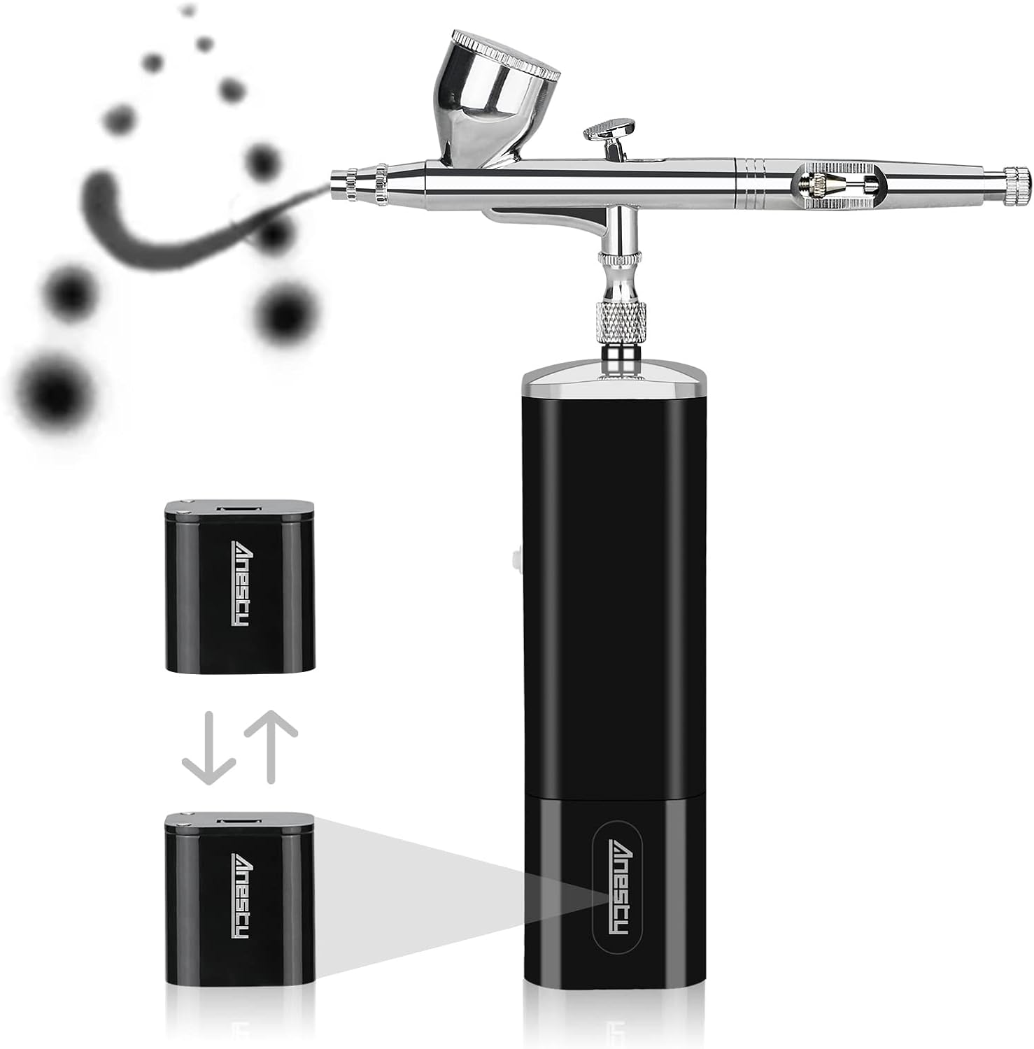 Anesty AHPShift Airbrush Kit with Compressor with 2 Interchangeable Batteries, Cordless Airbrush with Replaceable Battery for Continuous Use in Painting Models, Barber, Makeup, Cake Decorating, Craft