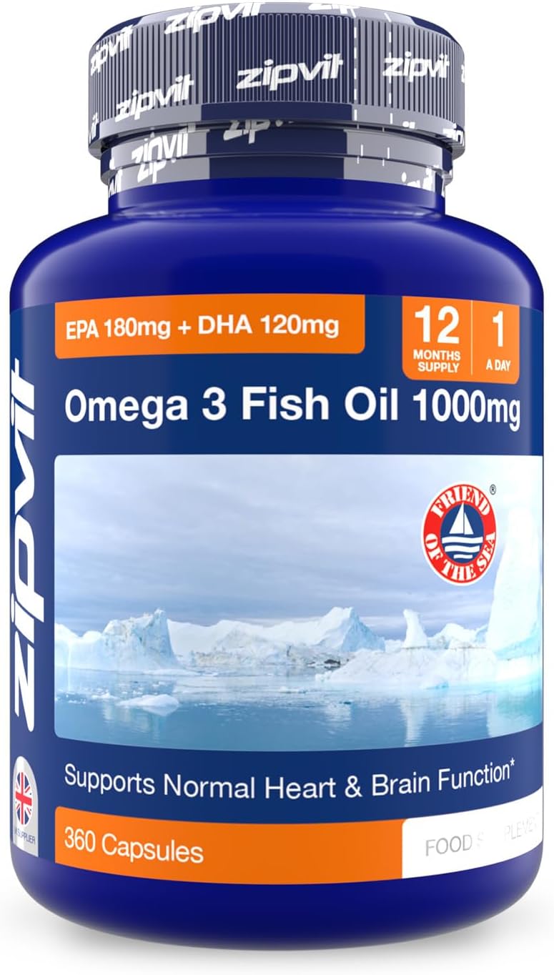 Omega 3 Fish Oil 1000mg, 360 Softgel Capsules. 12 Months Supply. EPA 180mg DHA 120mg. Supports Heart, Brain Function and Eye Health.