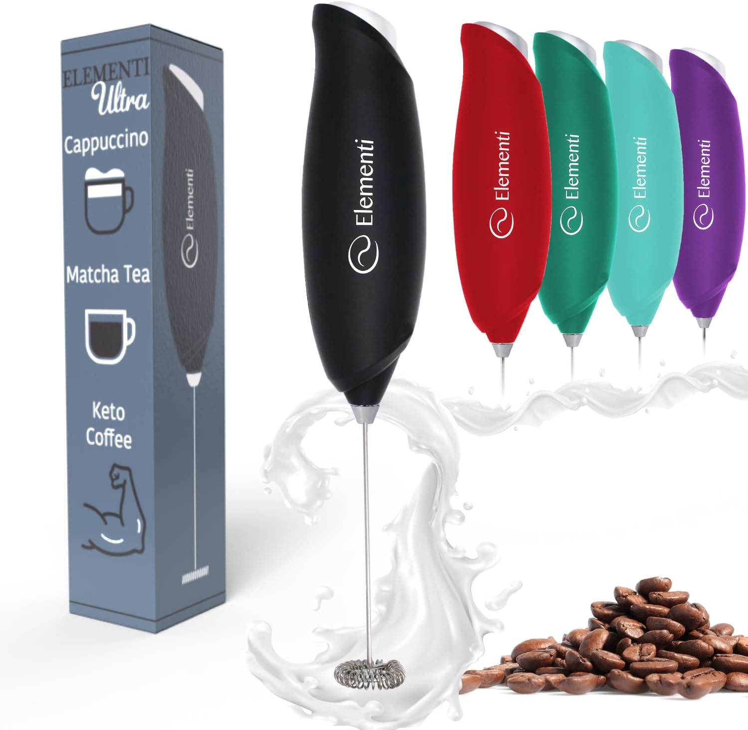 Elementi Milk Frother Wand - Coffee Frother Handheld - Drink Mixer - Coffee Mixer Wand - Cold Foam Maker - Electric Stirrer for Drinks (Black)