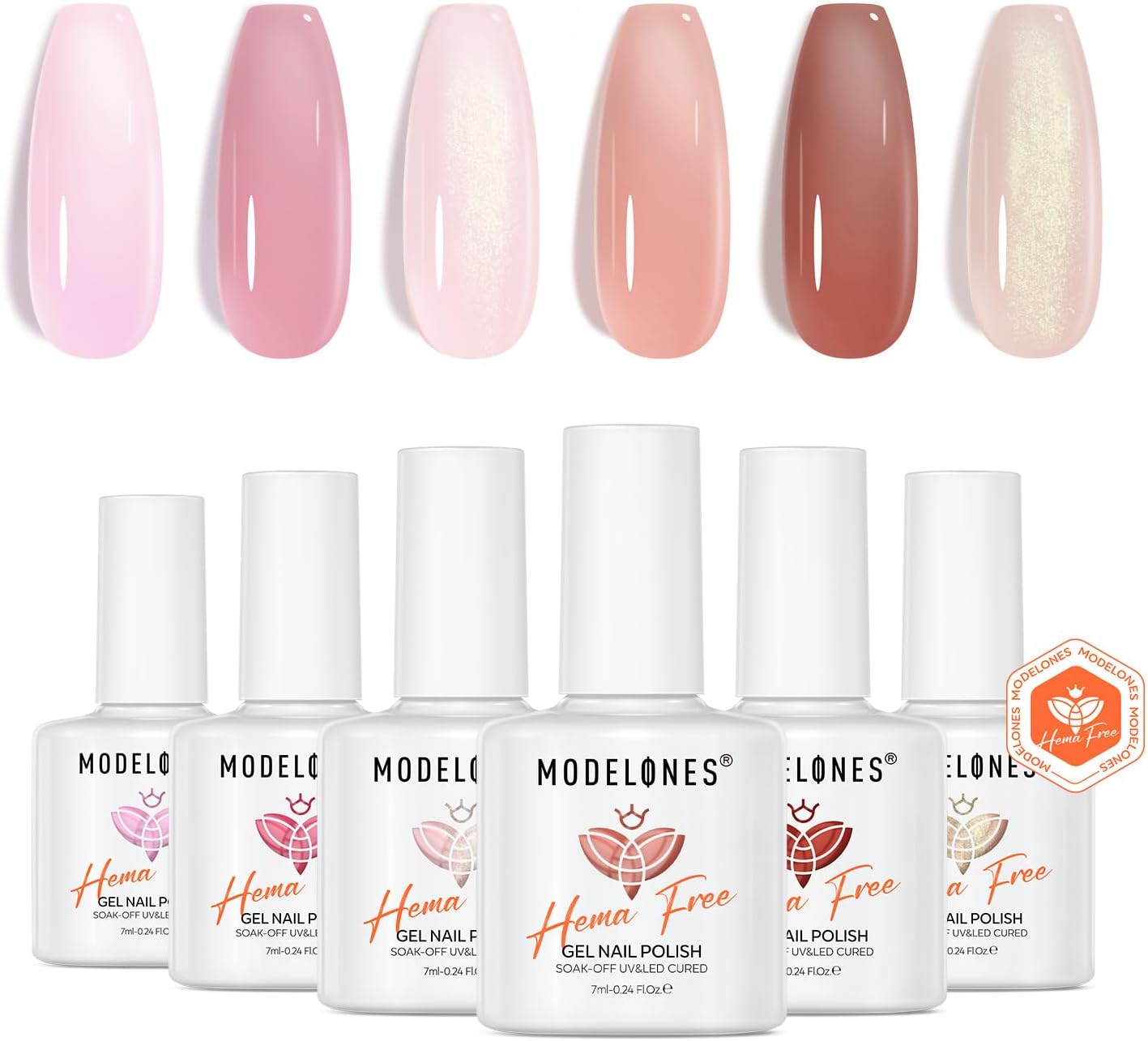 Modelones Hema Free Gel Nail Polish Set, 6 Colors Nude Pink Jelly Gel Polish Neutral Polish Summer Shimmery Glitter Translucent Nail Art Soak off Manicure Nail Art DIY Salon