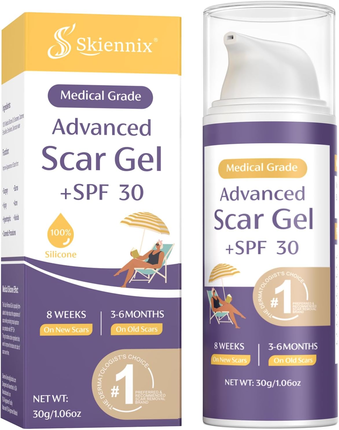 Scar Cream with SPF 30, Silicone Scar Gel, Reduces The Appearance of Scars, Effective for Old and New Scars on Face and Body, 1.06 oz, 30g