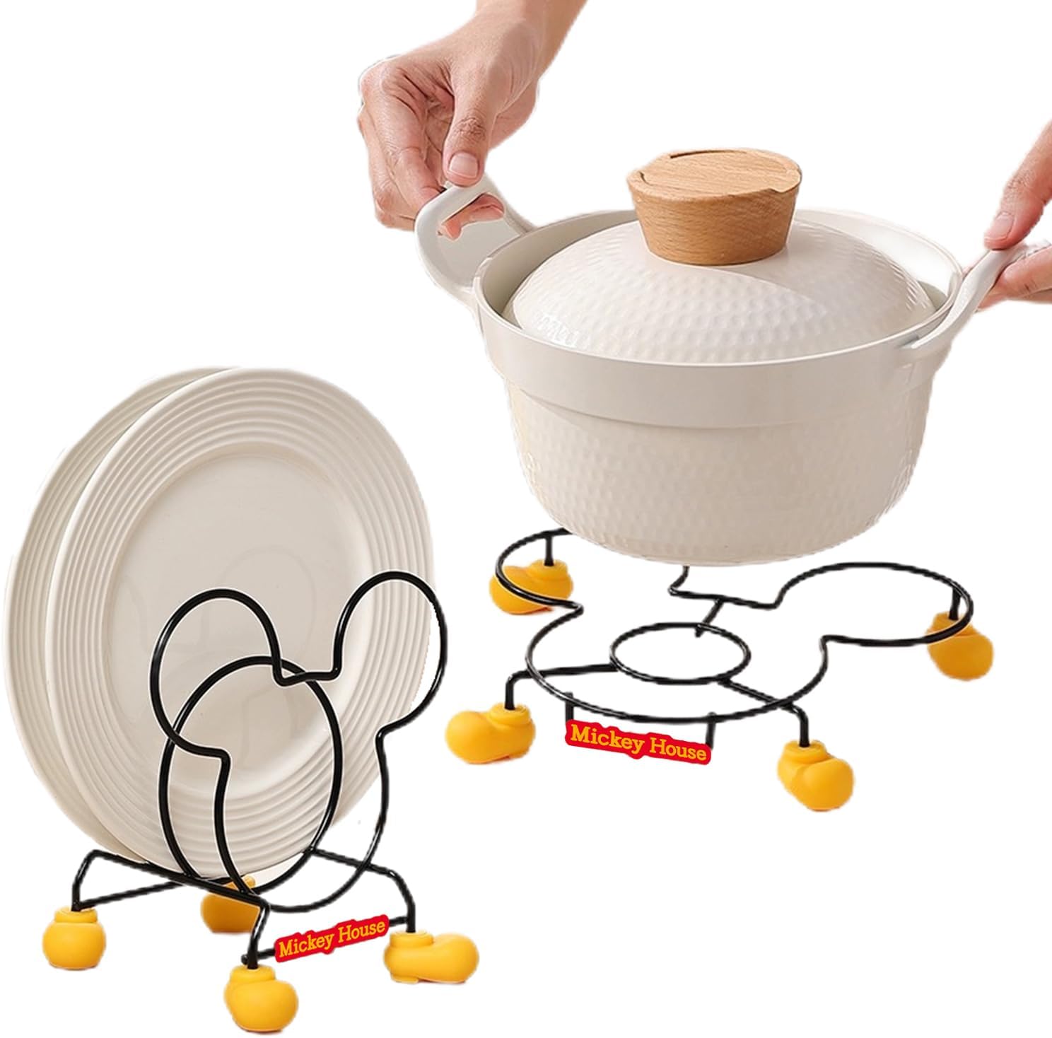 Mickey-Inspired Kitchen Pot Lid Holder and Heat Insulation Mat Set, High-Tensile Steel, Non-Slip, Space-Saving Design for Hot Pots, Soup Pots, Plates, Kettles, and More