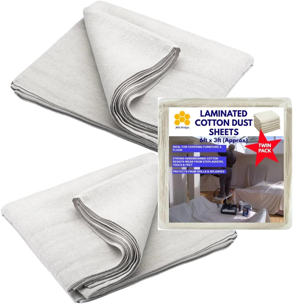 Pack of 2 x Cotton Laminated Dust Sheets for Decorating, Painting, Furniture | 6ft x 3ft | Laminated Dust Sheet with Cotton Twill Backed with Plastic Polythene Sheeting | Paint | Drop Cloth | (2xLT63)