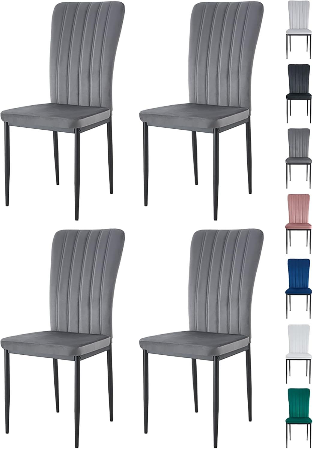 mcc direct Set of 4 Dining Chairs, Velvet High Back Kitchen Chairs with Upholstered Soft Seat and Metal Legs for Home, Office, Dining and Reception - Elle (Dark Grey)