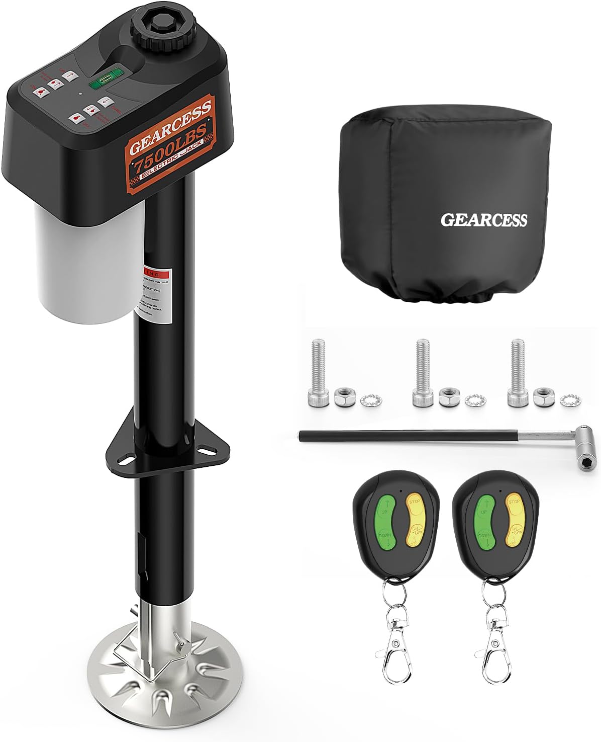 7500LBS Electric Trailer Jack with Remote Control, RV Electric Tongue Jack with Built-in Spirit Level for Travel Trailer, 10.24-33.46 Inch Extended,IP65 Waterproof Buttons,5.9 Inch Foot Pad