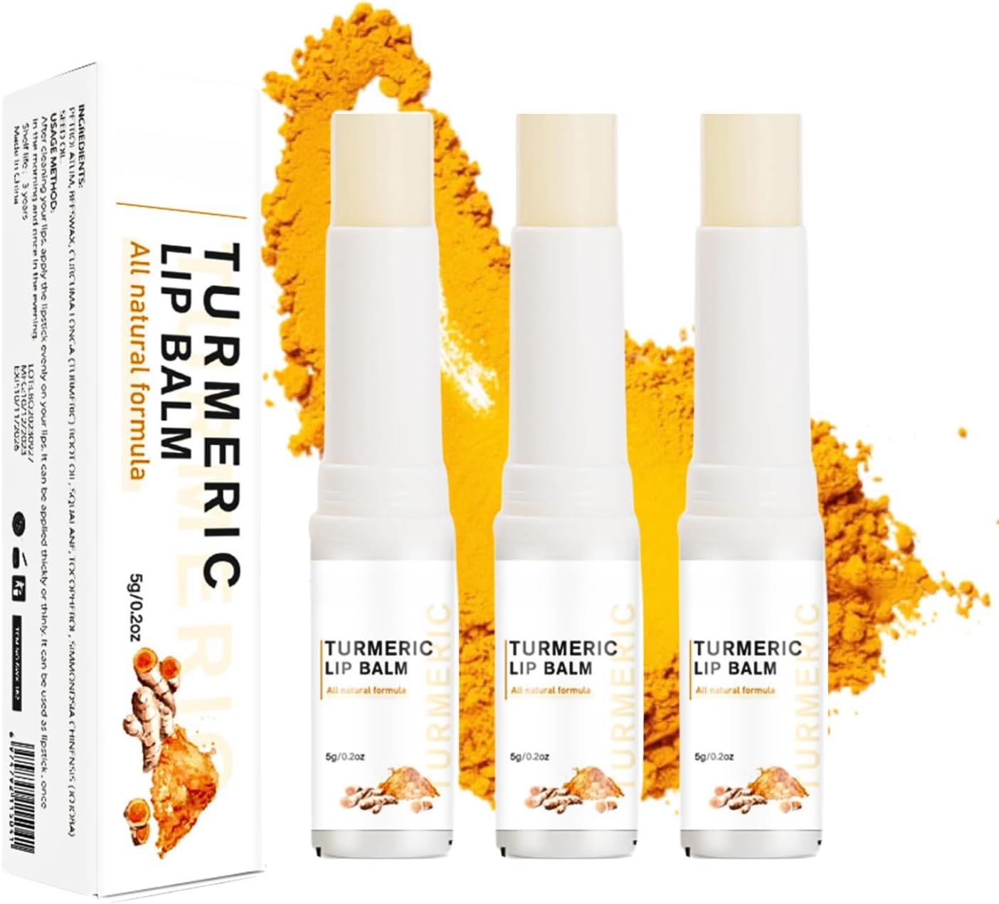 3Pcs Turmeric Lip Lightening Balm for Dark Lips, Turmeric Lip Balm for Lightening, Ginger Lip Balm, Natural Lip Moisturizer Balm, Hydrating & Repairing Lip Care for Dry, Chapped & Cracked Lips