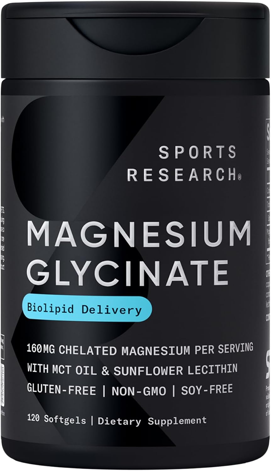 Sports Research® Magnesium Glycinate w/Coconut MCT Oil, 120 Softgels | 1441mg Cheletated Magnesium per Serving | Biolipid Delivery w/Sunflower Lecithin | Non-GMO, Essential Mineral - 60 Servings