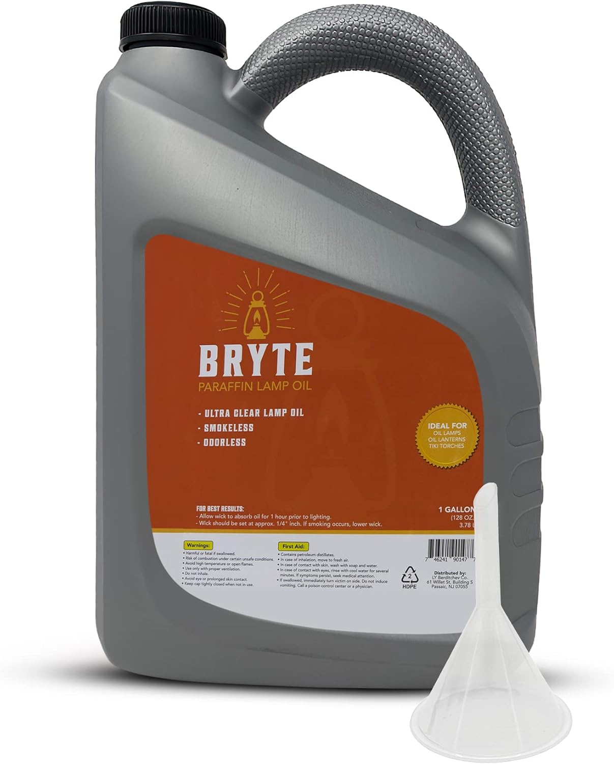 Bryte Premium Lamp Oil - 1 Gallon, Clear & Clean Paraffin, Odorless, Suitable for Indoor/Outdoor Use, Comes with Funnel (1)
