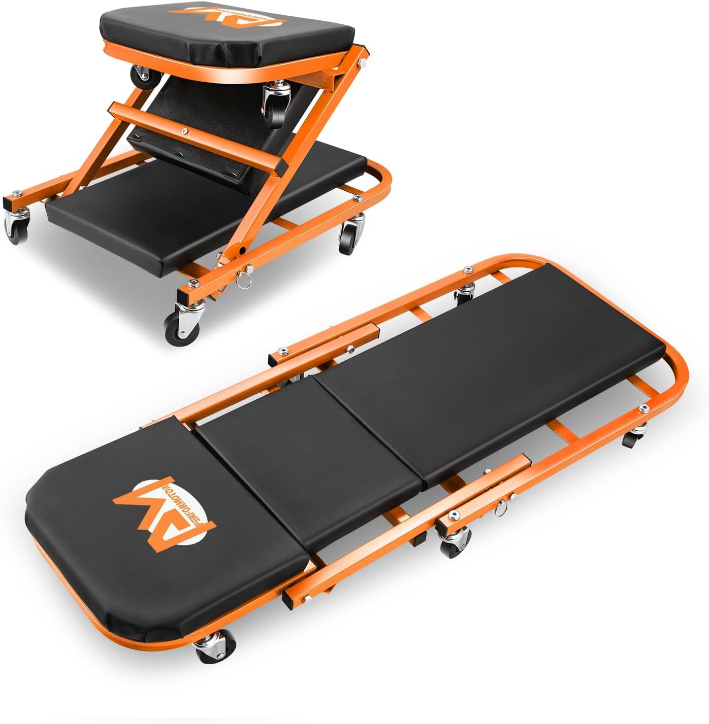 PM PERFORMOTOR 40 Inches Folding 2 in 1 Rolling Z Creeper, Adjustable Roller Garage Chair Lay Down or Sit, 6 Pcs 2" Casters, 150kg Weight Capacity, Orange,PM-TOL-CPS40-OG