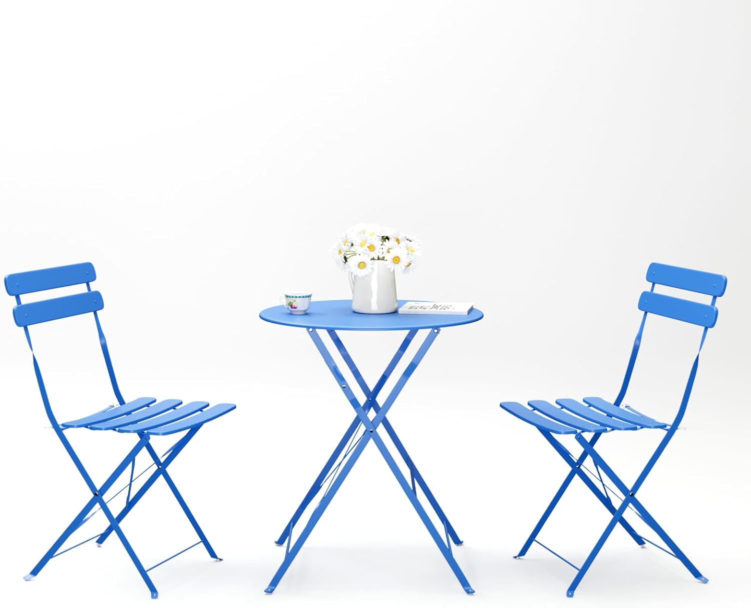 Patio Bistro Sets 3 Piece Patio Furniture Set with Cushions, Indoor Outdoor Folding Table and Chairs Set of 2 for Patio, Porch, Balcony, Lawn, Courtyard, Poolside, Deck, Camping, Blue