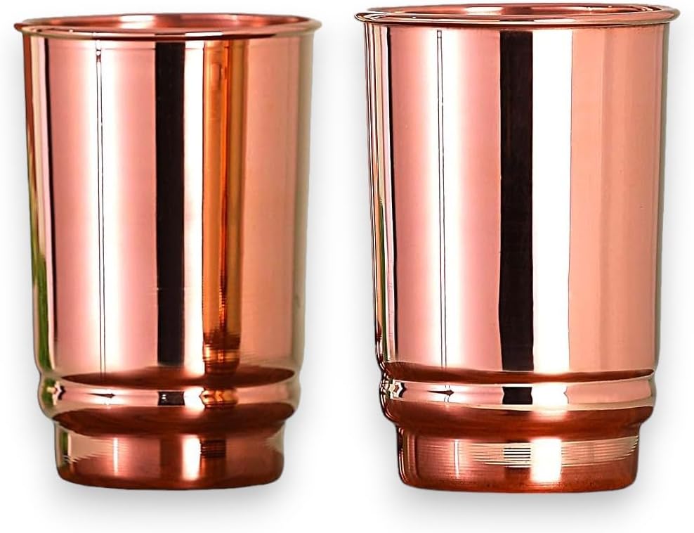 HEALTHANDWEALTH Pure Copper Drinking Water Cups - Ayurvedic Health Pure Copper Tumblers – 2 pcs. Set - 350 ml (11.8 US Fl Oz) Traveller's Cups
