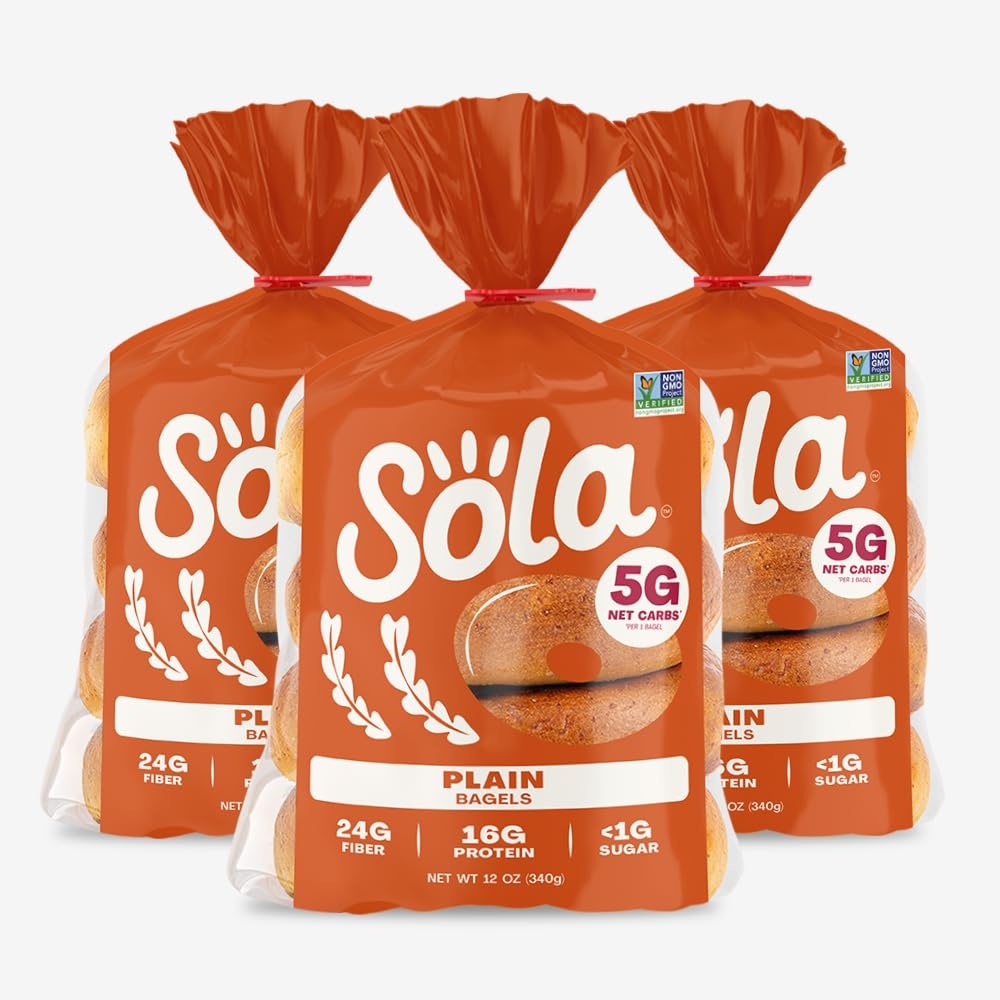 Sola Plain Bagels, Low Carb & Keto Friendly, 16g of Protein Per Bagel & 5g Net Carbs, Non-GMO, No Sugar Added, 12 oz, (4 Bagels Per Pack), (Pack of 3)