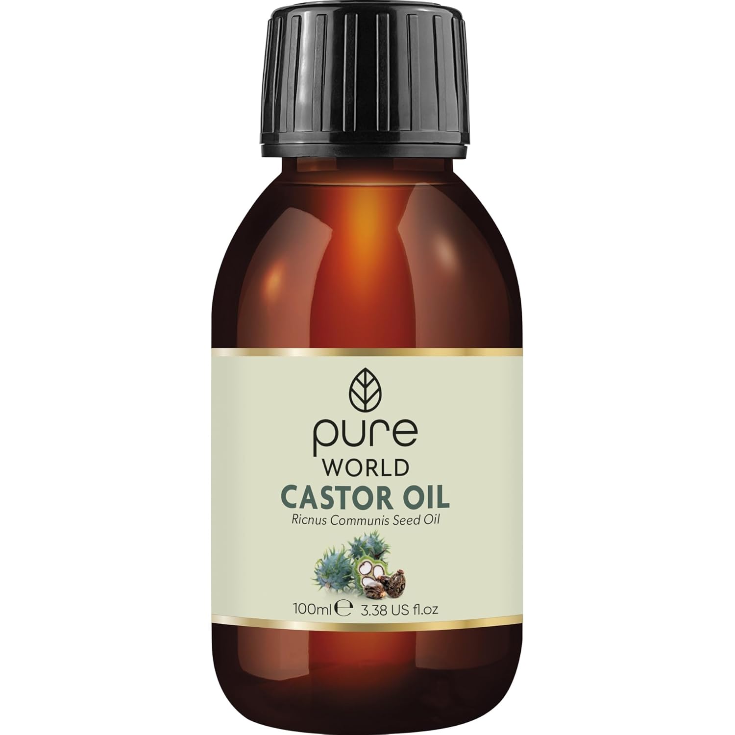 Pure World Castor Oil 100ml 3.38 fl Oz Cold Pressed 100% Pure and Natural Eyebrows, Nails, Beard, Hair, Eyelash Growth Cruelty Free
