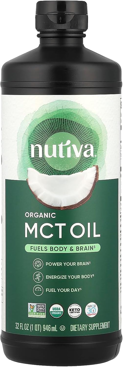 Nutiva Organic MCT Oil, Unflavored, 32 Oz, USDA Organic, Non-GMO, Non-BPA, Whole 30 Approved, Vegan, Gluten-Free & Keto, 14g MCT per Serving & Neutral Flavor for Energy Boost to Coffee, Shakes and Salads